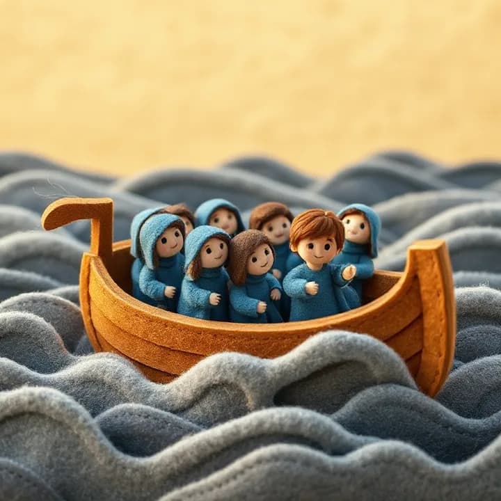 Felt and wool illustration: A small felt boat with 12 wool figures in blue robes, caught in a storm with gray felt waves and wind blowing their hair, one boy (Peter) pointing at the water with wide eyes