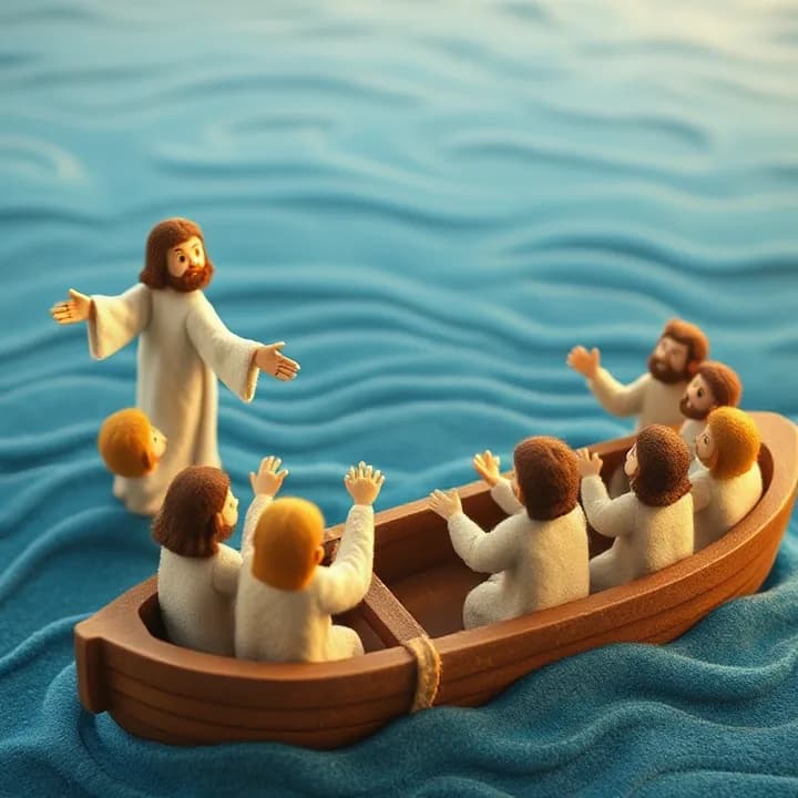 Felt and wool illustration: Jesus figure in white robe walking on blue felt water, arms outstretched, 12 disciples in boat with shocked faces, one reaching out with open hands