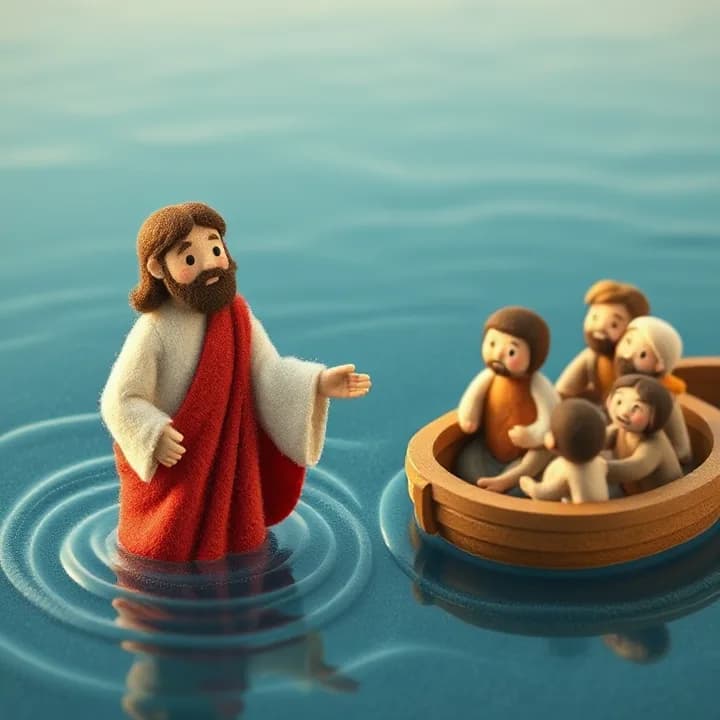 Felt and wool illustration: Jesus holding Peter's hand mid-water, both figures in white and red robes, calm blue water, disciples in boat with relieved expressions