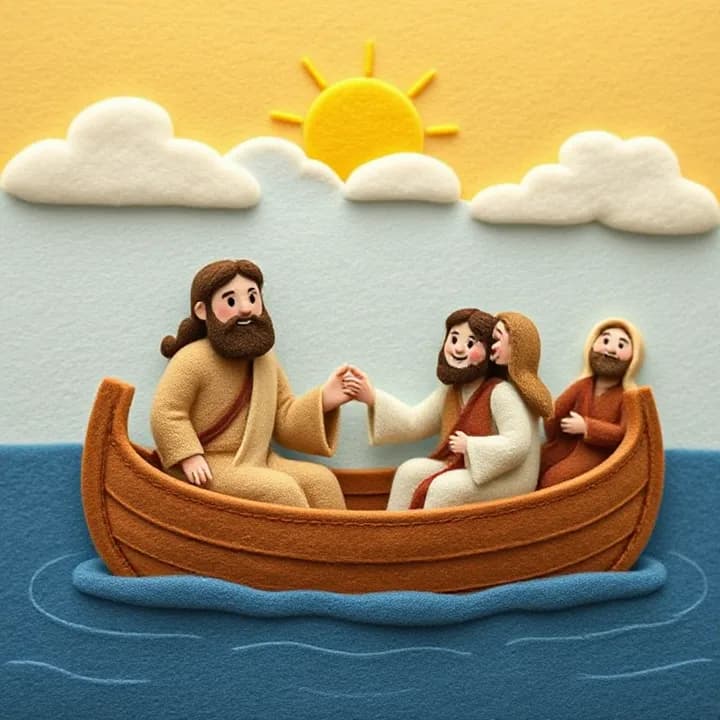Felt and wool illustration: The boat now calm on still water, Peter holding Jesus' hand, disciples smiling, yellow sun peeking through clouds