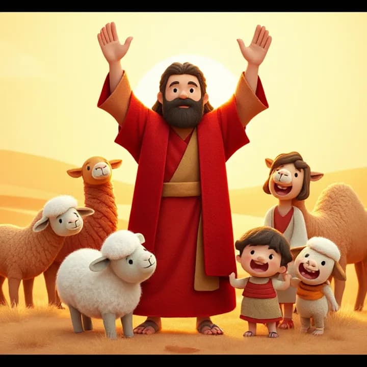 Felt and wool illustration: A man in a red robe stands with his hands raised, surrounded by sheep, camels, and children laughing in a sunlit desert. Warm golden tones and exaggerated smiles.