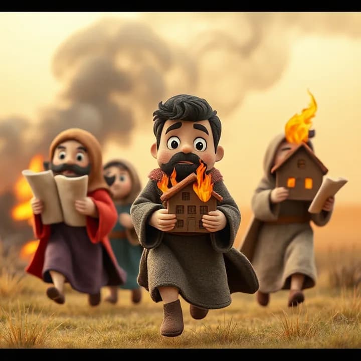 Felt and wool illustration: Three messengers with scrolls run toward a man, one holding a burning house model. The man's eyes are wide with shock, while smoke rises from a background fire.