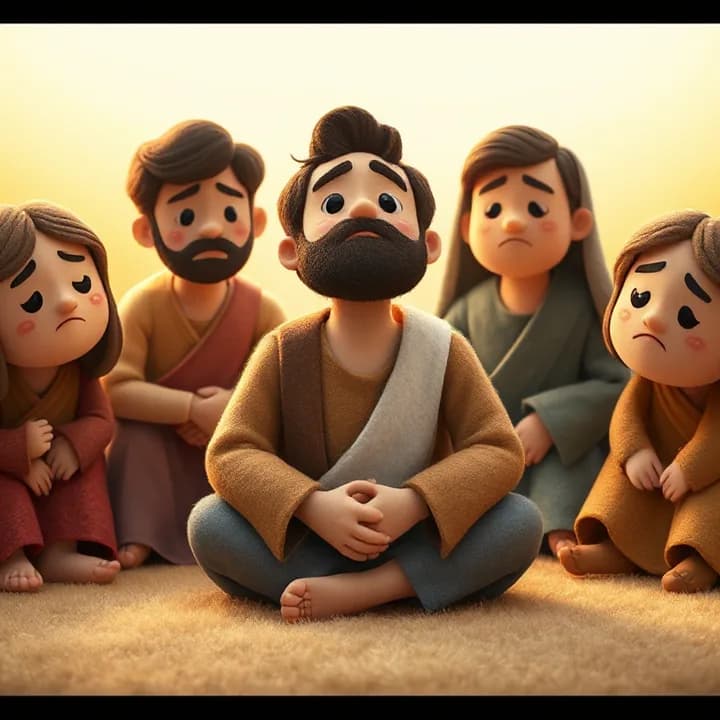 Felt and wool illustration: The same man now sits on the floor, surrounded by friends with downcast eyes. His hands are clenched, and a single tear rolls down his cheek, but his gaze remains upward.