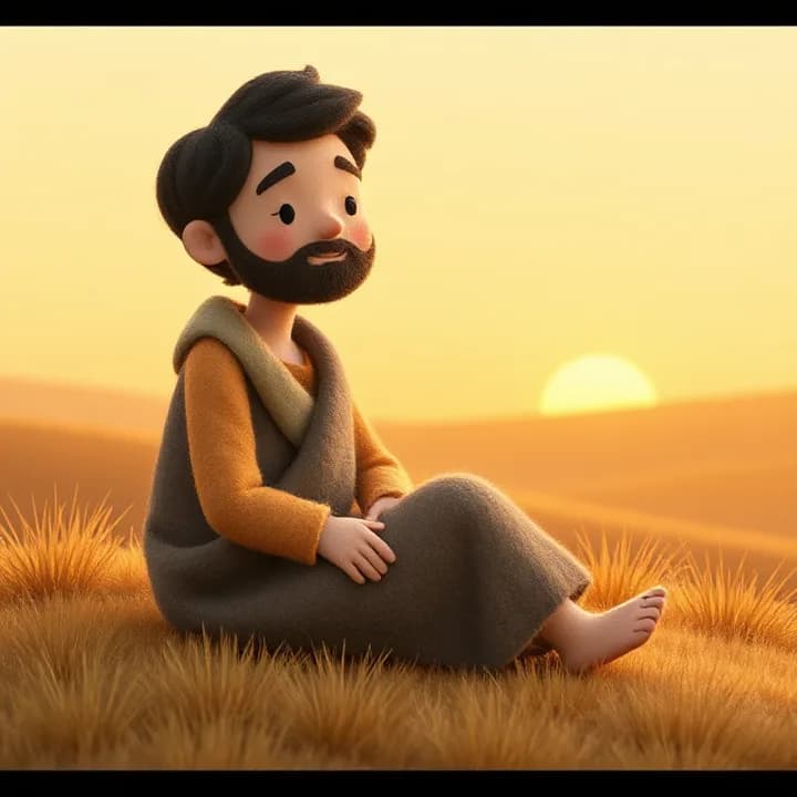 Felt and wool illustration: The man now sits alone, wearing simple clothes, but a small sun peeking over the horizon. His posture is calm, and a faint smile touches his lips.