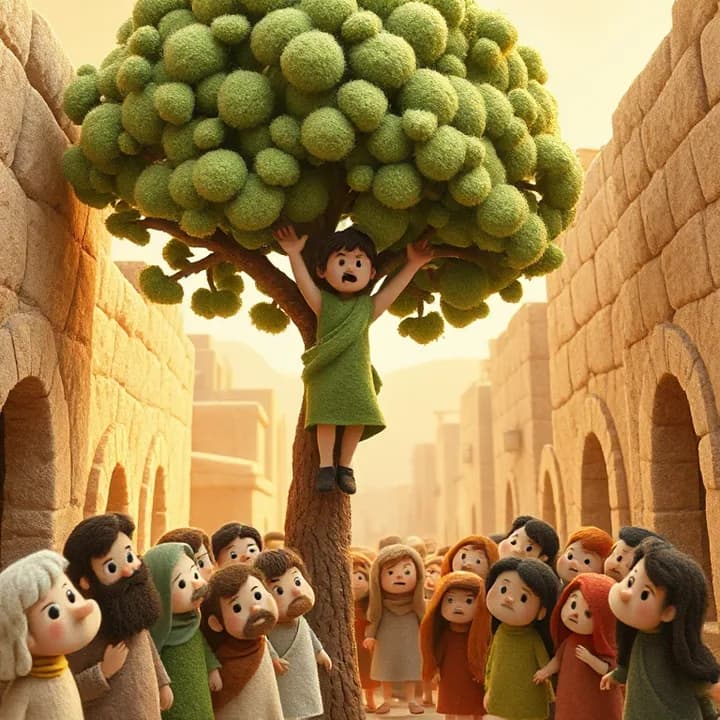 Felt and wool illustration: A short man in a green tunic climbing a sycamore tree in a dusty Jericho street, with a crowd of people below with confused faces