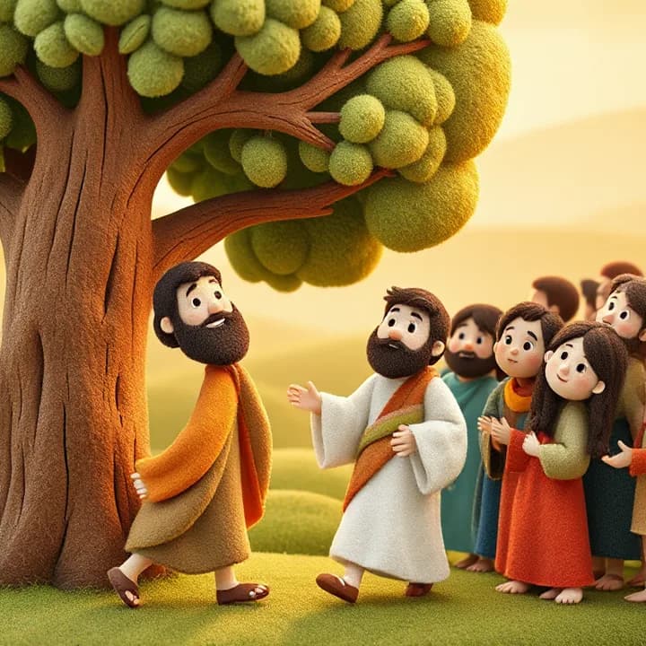 Felt and wool illustration: Jesus walking with a warm smile, looking up at Zacchaeus in the tree, while others in the crowd gasp with surprise