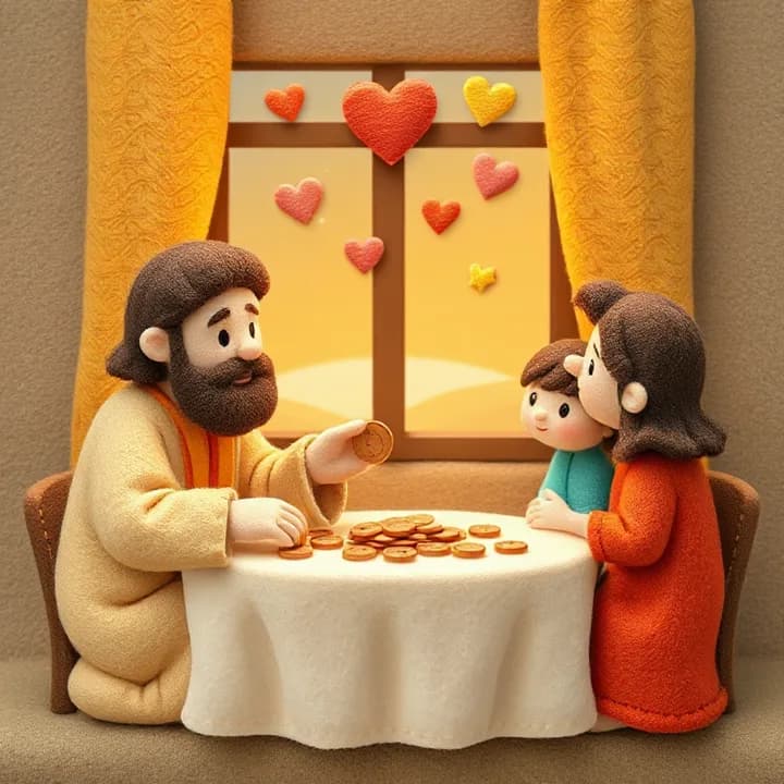 Felt and wool illustration: Zacchaeus at a table with Jesus, handing over coins to poor people outside the window, with hearts and stars floating around their heads