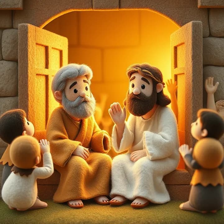 Felt and wool illustration: Zacchaeus and Jesus sitting together, with a crowd outside the house raising their hands in awe, and soft golden light glowing around them