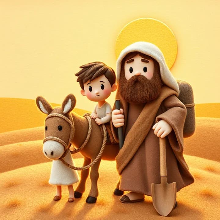 Felt and wool illustration: Abraham and Isaac packing a donkey with rope and shovel under a bright sun, Isaac's face curious, Abraham's face worried, 3d flat soft cute rounded characters, simplified cartoon faces, warm pastel palette, golden hour light, hand-painted texture, biblical clothing, tender mood, no text, no letters