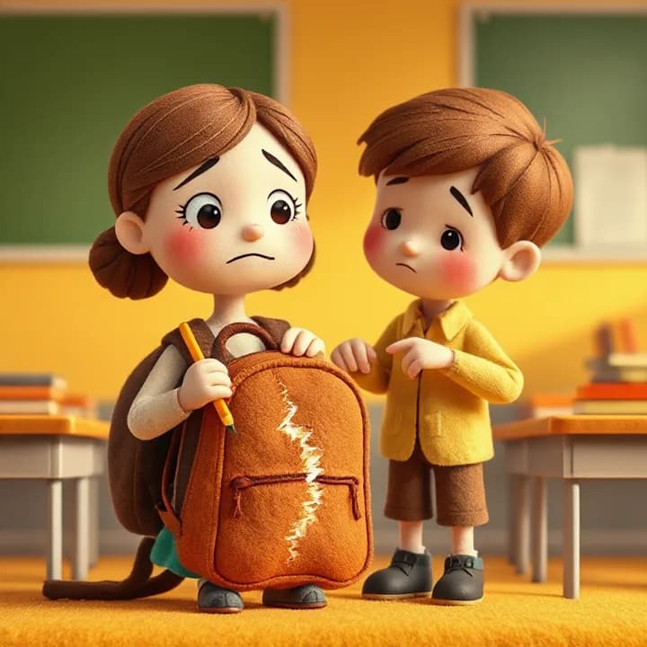 Felt and wool illustration: A girl (Lucía) with a torn backpack, looking worried, holding a pencil. A boy (Mateo) leans over, pointing at the tear. Classroom elements like desks and books in the background. Warm orange and yellow tones.