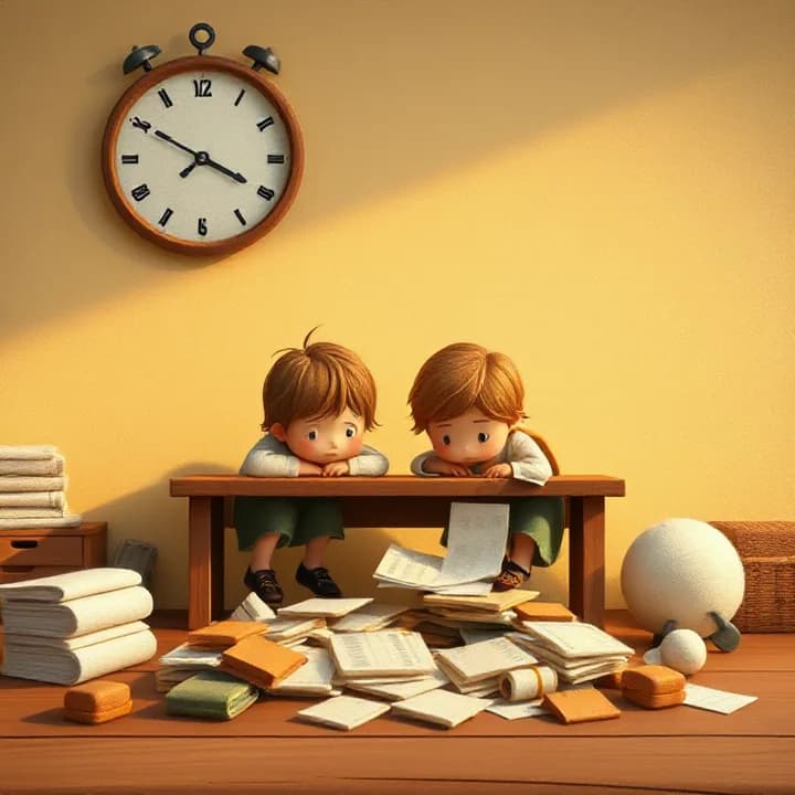 Felt and wool illustration: The two children crouched on a wooden desk, searching through scattered materials. A clock on the wall shows 8:58 AM. Tension in their exaggerated facial expressions.