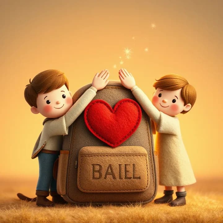Felt and wool illustration: The repaired backpack with a big red heart patch. The children high-fiving, their faces lit with triumph. Glittery sparkles around their hands.