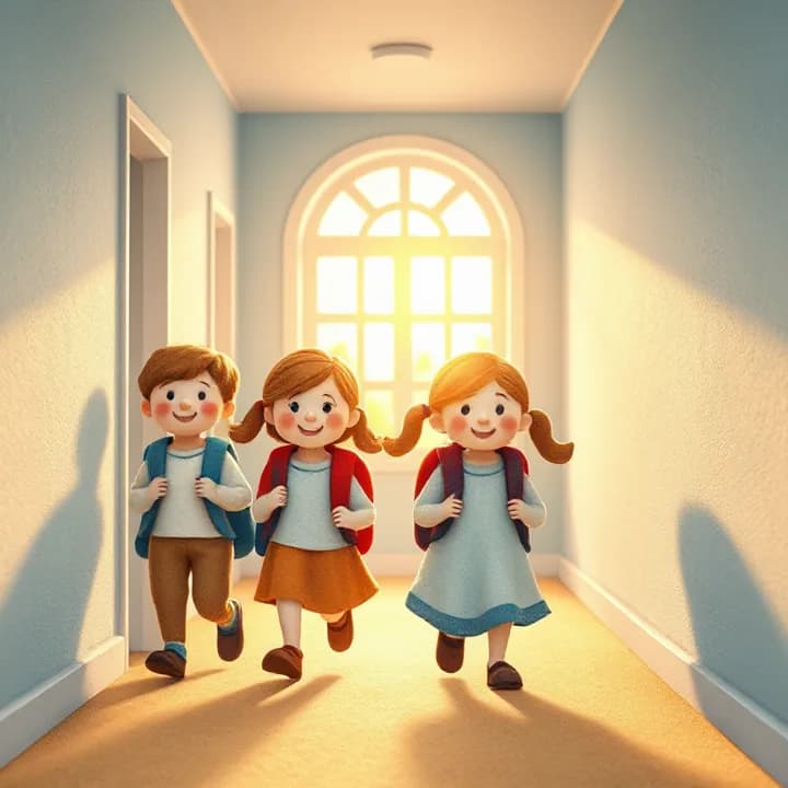 Felt and wool illustration: The children walking down a hallway, backpacks swinging. The sun shines through a window, casting warm light on their smiling faces. Peaceful blue and white tones.