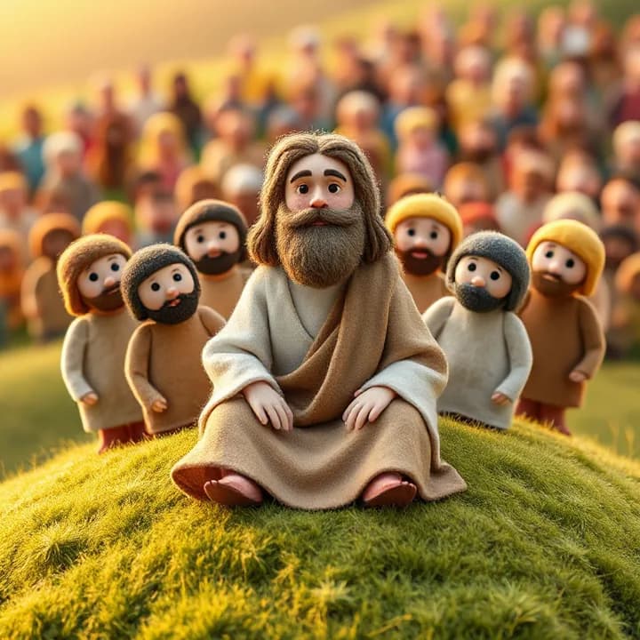 Felt and wool illustration: Jesus with woolen beard and robe sitting on a grassy hill, surrounded by twelve felt disciples in simple tunics, with a crowd of colorful felt figures in the background
