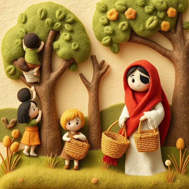 Felt and wool illustration: Children climbing trees to see better, adults holding woven baskets, a man with a patched eye and a woman with a red shawl wiping tears