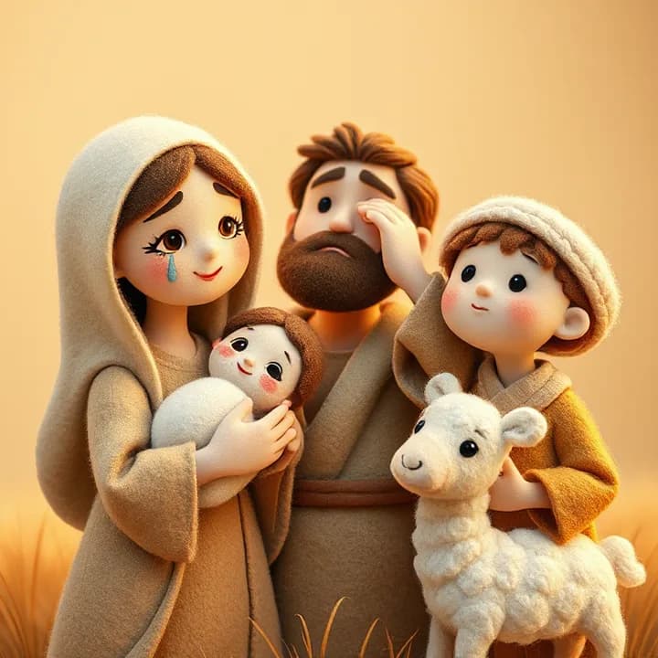Felt and wool illustration: A woman holding a baby with tear-streaked cheeks, a blind man touching his eye, and a shepherd boy with a sheep, all gazing upward