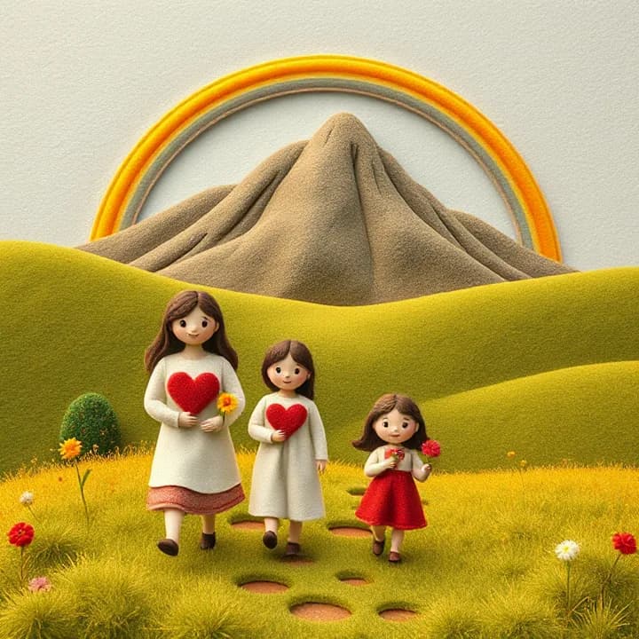 Felt and wool illustration: People walking down the hill with hearts stitched on their chests, children holding flowers, and a rainbow arching over the mountain