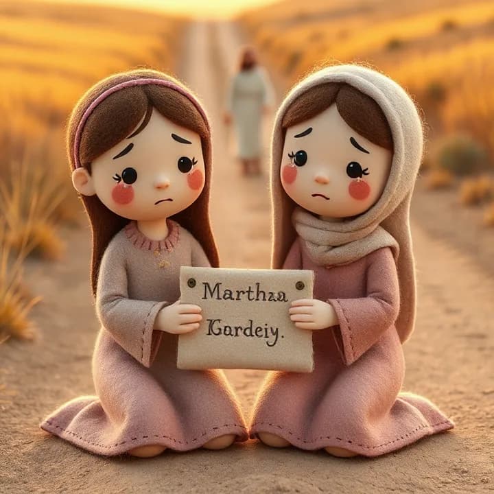 Felt and wool illustration: Two girls (Martha and Mary) with tear-streaked faces, holding a message scroll, kneeling in front of a dusty road with a man (Jesus) walking in the distance.