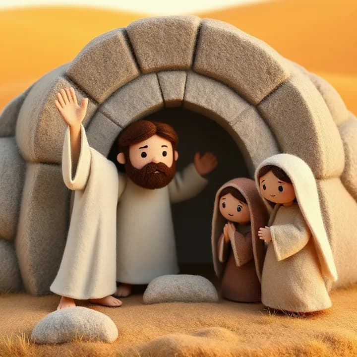 Felt and wool illustration: A man (Jesus) with a raised hand, standing near a stone tomb, while two women (Martha and Mary) cry at the foot of the tomb.