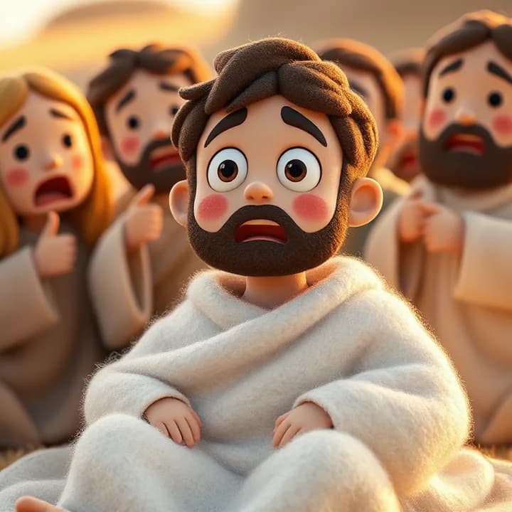 Felt and wool illustration: Lazarus sitting up, eyes wide with surprise, wrapped in white cloth, as people around him gasp and point with open mouths.