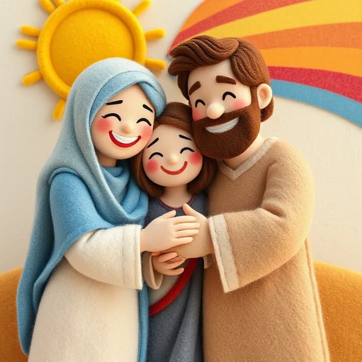Felt and wool illustration: A joyful family (Martha, Mary, Lazarus) hugging, with Jesus smiling and holding Lazarus's hand, under a bright sun with rainbow colors.