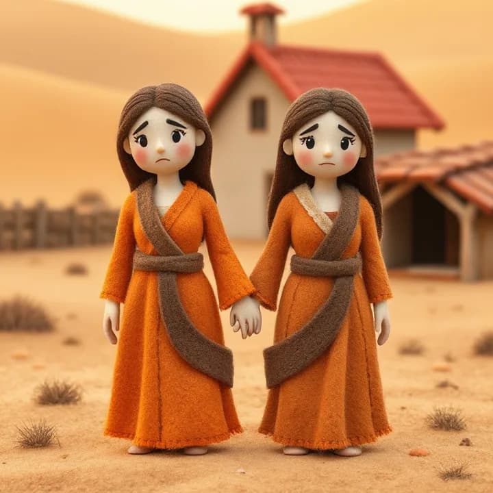 Felt and wool illustration: Two women in flowing orange and brown dresses, holding hands in a dusty village with a red-roofed house in the background. One woman has a worried frown, the other a determined smile.