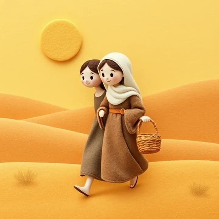Felt and wool illustration: The women walking through a yellow-brown desert under a bright sun, carrying a small woven basket. The younger woman walks faster, tugging the older woman's sleeve.