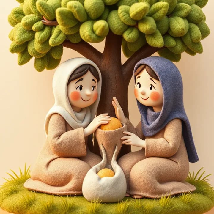 Felt and wool illustration: The two women sitting together under a green tree, sharing bread from a cloth bag. The older woman's hand rests on the younger's head in blessing.