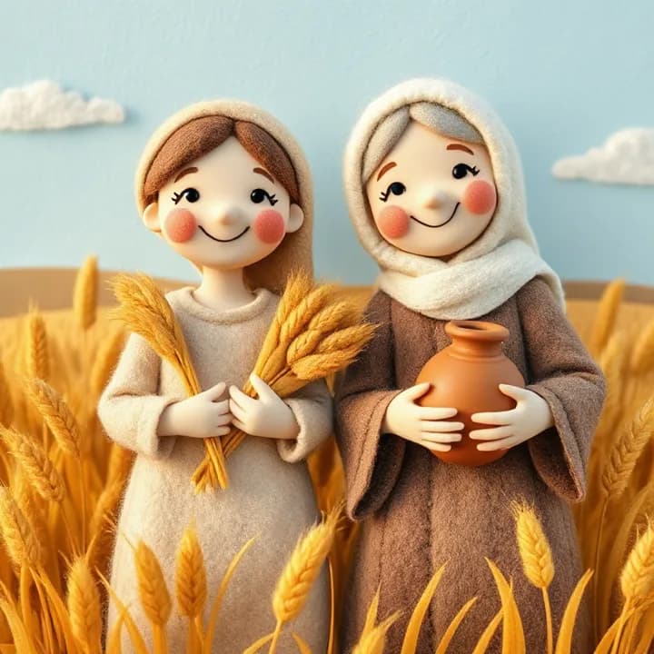 Felt and wool illustration: The same women now smiling, with wheat fields behind them and a blue sky. The younger holds a sheaf of grain, the older a clay jar of oil.