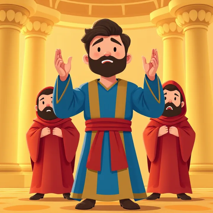A Daniel in a royal blue robe, hands raised in prayer, surrounded by three evil advisors with red robes and sneaky faces, standing in a golden palace with columns.