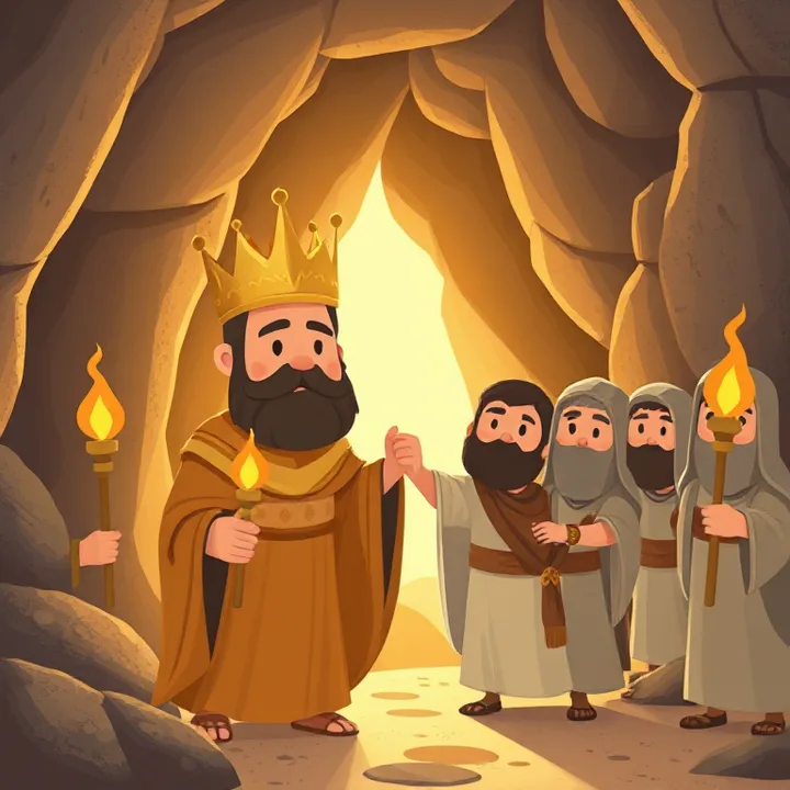 The king Darius, with a golden crown and worried face, lifting Daniel by the hand as sunlight pours through the cave entrance, with four guards holding torches and looking amazed.