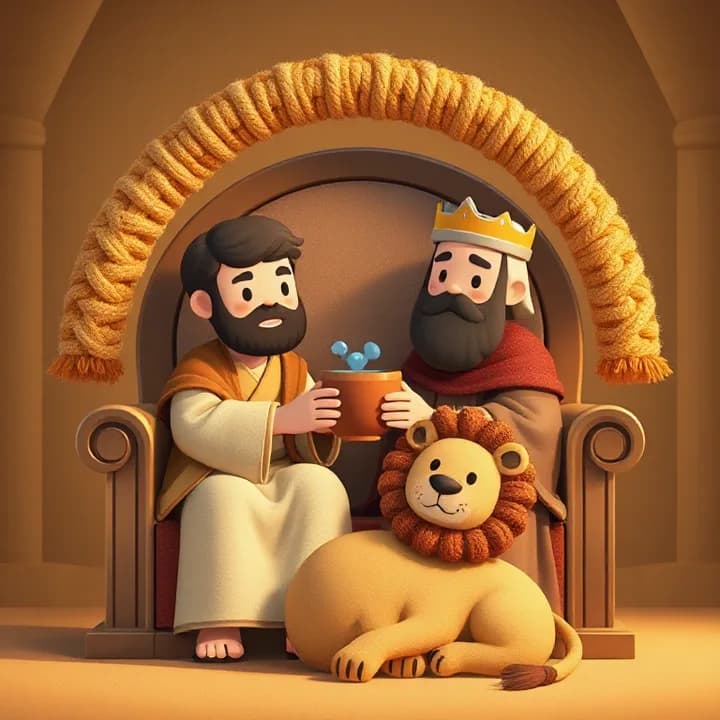 Daniel and the king sitting on a throne, sharing a clay cup of water, with a calm lion resting at their feet and a rainbow made of wool yarn arching over them.