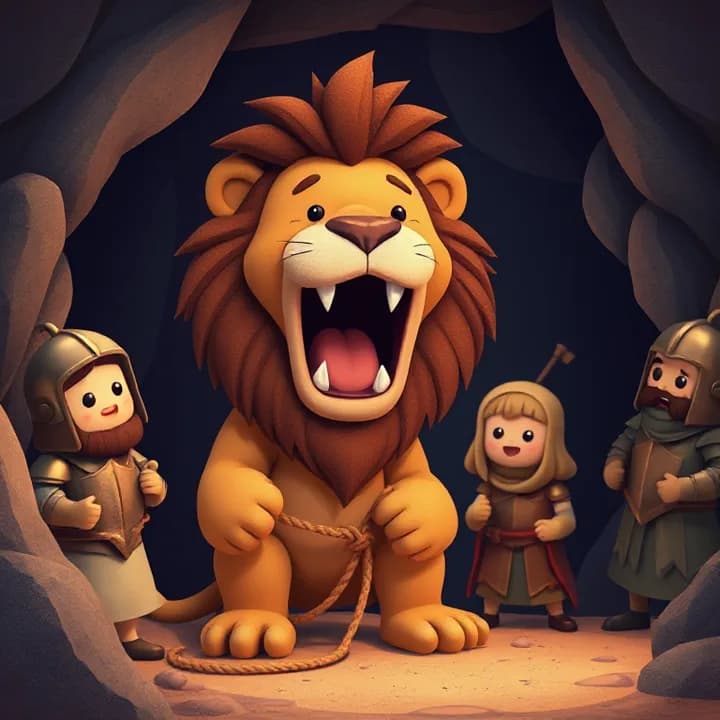 A felt lion with sharp teeth roaring in a dark cave, while a scared Daniel is tied with ropes, as guards in bronze armor stand outside the cave's entrance., 3d flat soft cute rounded characters, simplified cartoon faces, warm pastel palette, golden hour light, hand-painted texture, biblical clothing, tender mood, no text, no letters