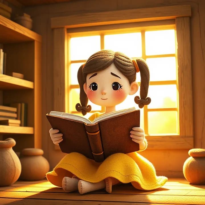 Felt and wool illustration: A curious girl (Lía) with pigtails, wearing a yellow dress, holding an ancient leather-bound book open on her lap. Warm sunlight streams through a window in a cozy room with wooden shelves.