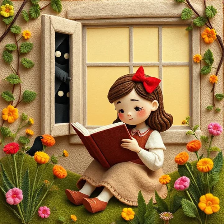 Felt and wool illustration: The girl reads while sitting in a garden with a red bow on her hair. A shadowy figure (the thief) peeks through a window in the background, creating tension with contrasting colors.