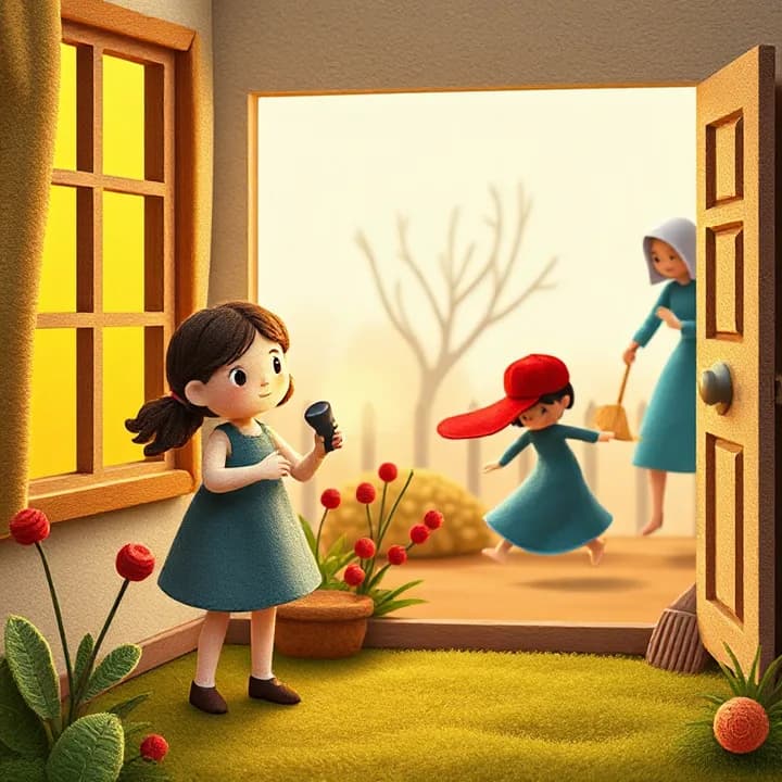 Felt and wool illustration: The girl stands bravely at a window, holding a flashlight. A thief (felt figure with a red cap) runs away through the garden. The mother (in blue dress) rushes from another room with a broom.