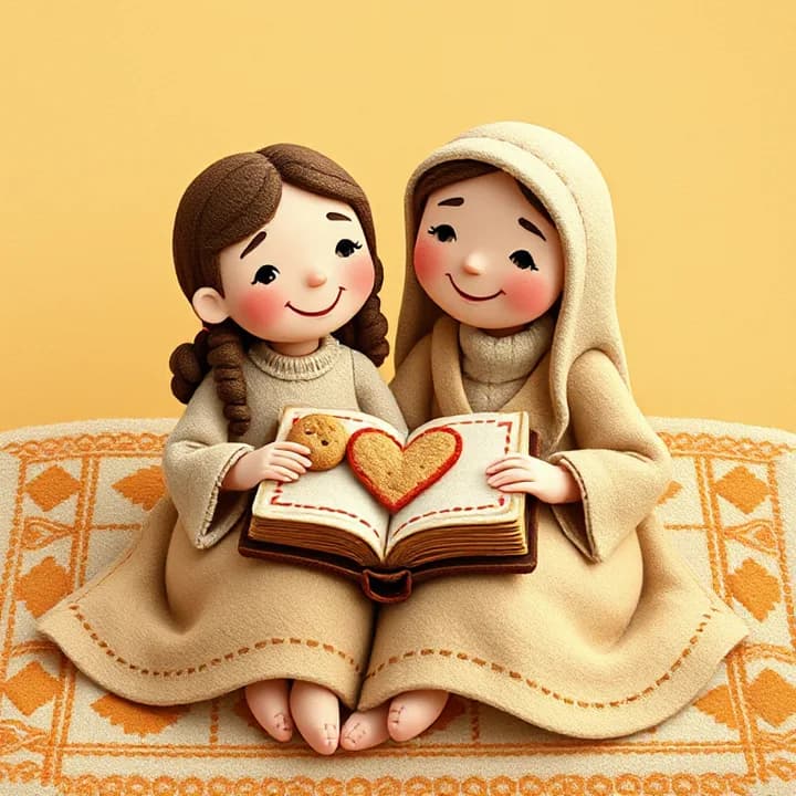 Felt and wool illustration: The girl and her mother (both smiling) sit together on a quilt, sharing cookies. The ancient book rests between them with a heart shape drawn on its cover.