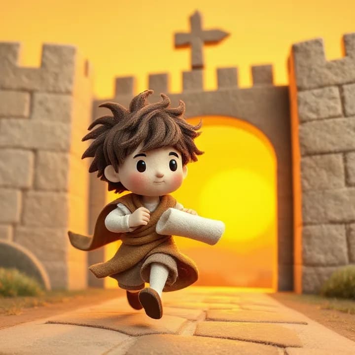 Felt and wool illustration: A boy with messy hair (Jonás) running from a city gate, holding a scroll, while a golden sun sets behind him