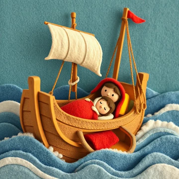 Felt and wool illustration: A wooden ship tossing in stormy blue waves, sailors holding ropes, one man (Jonás) sleeping under a red blanket in the ship's belly