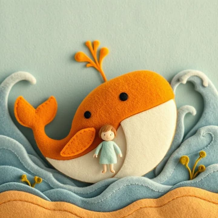 Felt and wool illustration: A giant orange whale with black eyes swallowing a tiny human figure, surrounded by swirling ocean waves and a few floating sea plants
