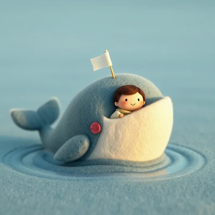 Felt and wool illustration: A calm blue sea with a smiling whale, and a small human figure peeking from its mouth, holding a tiny white flag with a red star