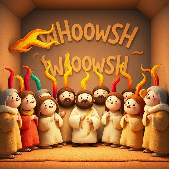 Felt and wool illustration: A group of 12 people in a small room with colorful fire tongues on their heads, wind blowing their clothes, and a big 'WHOOSH' sound effect in the background