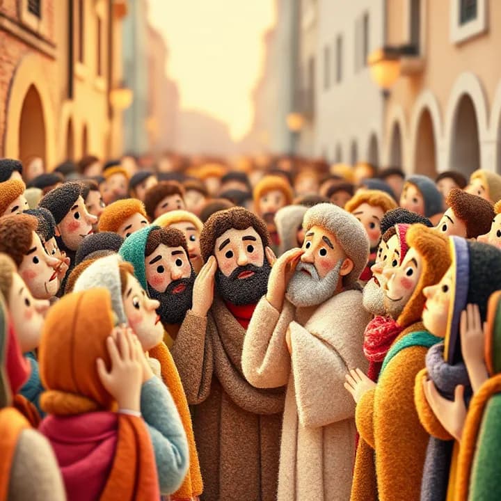 Felt and wool illustration: Crowded street with people from different countries (marked by colorful scarves) looking amazed at the disciples speaking, some touching their ears in shock