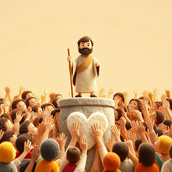 Felt and wool illustration: Pedro (with a shepherd's staff) standing on a stone pulpit, 3000 people raising hands, and a big heart made of small hands around him