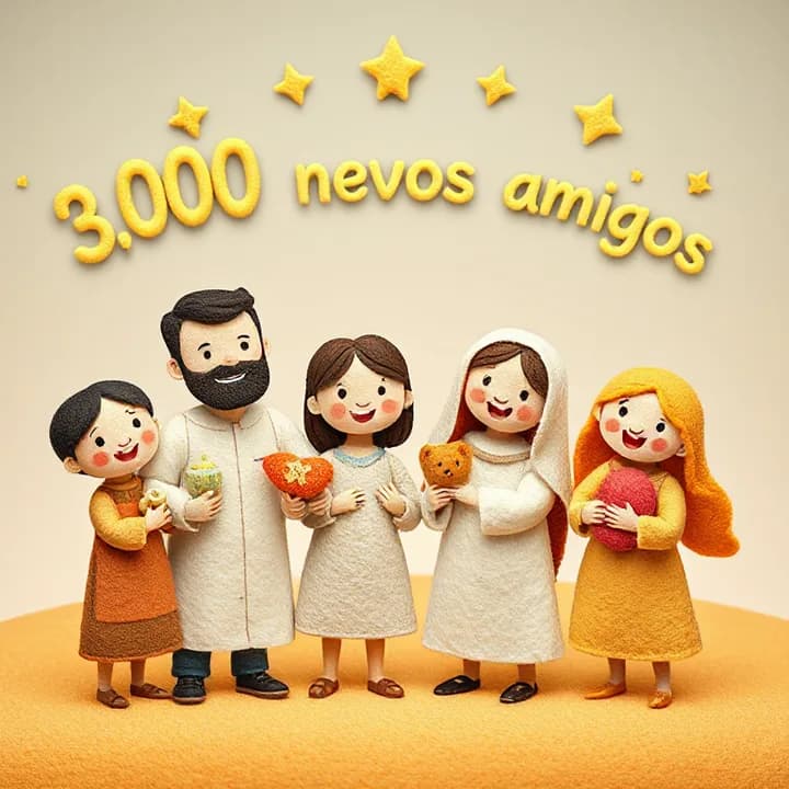 Felt and wool illustration: Happy family holding hands in a circle, sharing food and toys, with little stars above their heads and the words '3,000 nuevos amigos' in the background