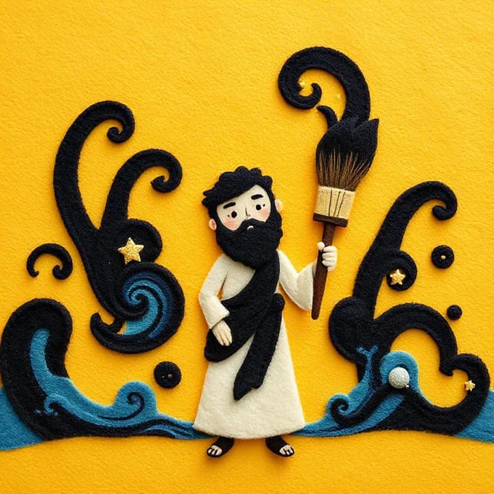 Felt and wool illustration: A silhouette of God holding a paintbrush, with swirling black paint transforming into stars and oceans. Warm yellow and blue tones.