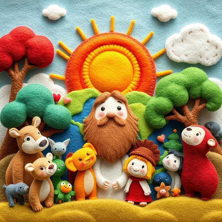 Felt and wool illustration: A completed world with animals, trees, and humans, all looking up at God's smiling face. Vibrant rainbow colors.