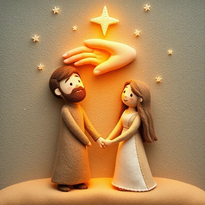 Felt and wool illustration: The first human couple holding hands under a starry sky, with God's hand resting gently on their heads. Soft pastel colors.