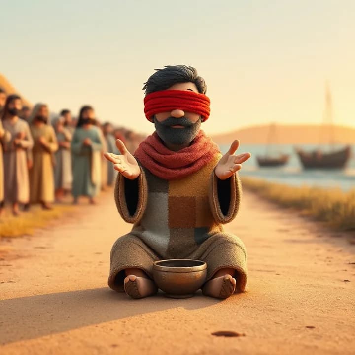 Felt and wool illustration: A blind man (Bartimaeus) sits on a dusty road, wearing a patchwork cloak, with a begging bowl at his feet. His eyes are covered with a red cloth, and his hands are open toward the viewer. The background shows a crowd of people in simple tunics, with a few fishermen in the distance.