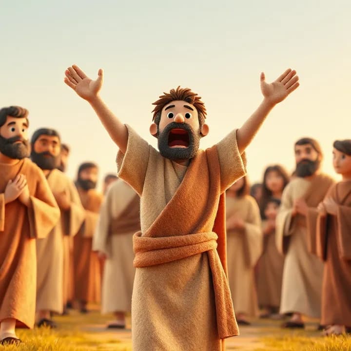 Felt and wool illustration: Jesus walks with his disciples, their robes in warm earth tones. Bartimaeus is in the foreground, raising his arms dramatically, shouting with an exaggerated red mouth. The crowd around Jesus looks back, some with confused expressions.